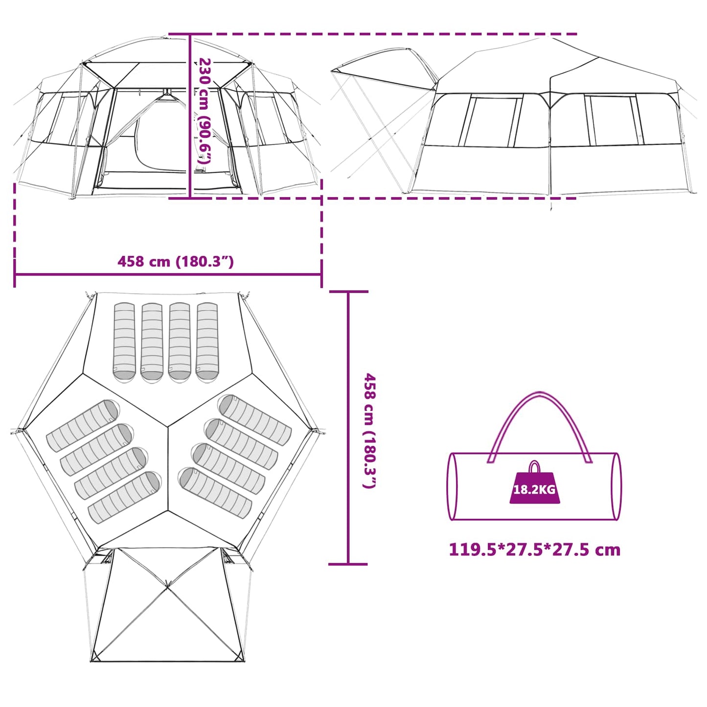 vidaXL Instant Tent with Rainfly 12-Person Quick-Release Green - 458 x 458 x 230 cm