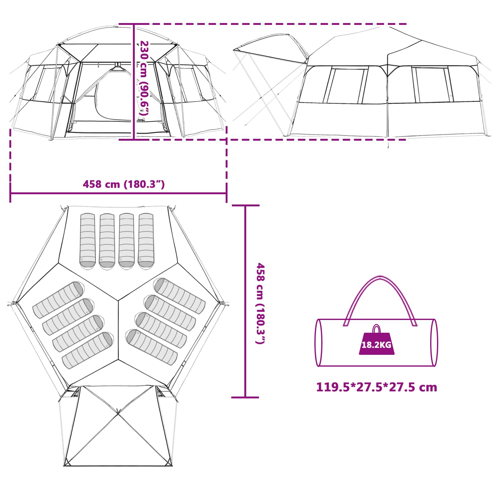 vidaXL Instant Tent with Rainfly 12-Person Quick-Release Green - 458 x 458 x 230 cm