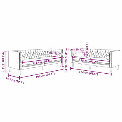 vidaXL Living Room Couch 2 pcs Black Velvet - 194 x 74.5 x 70.5 cm