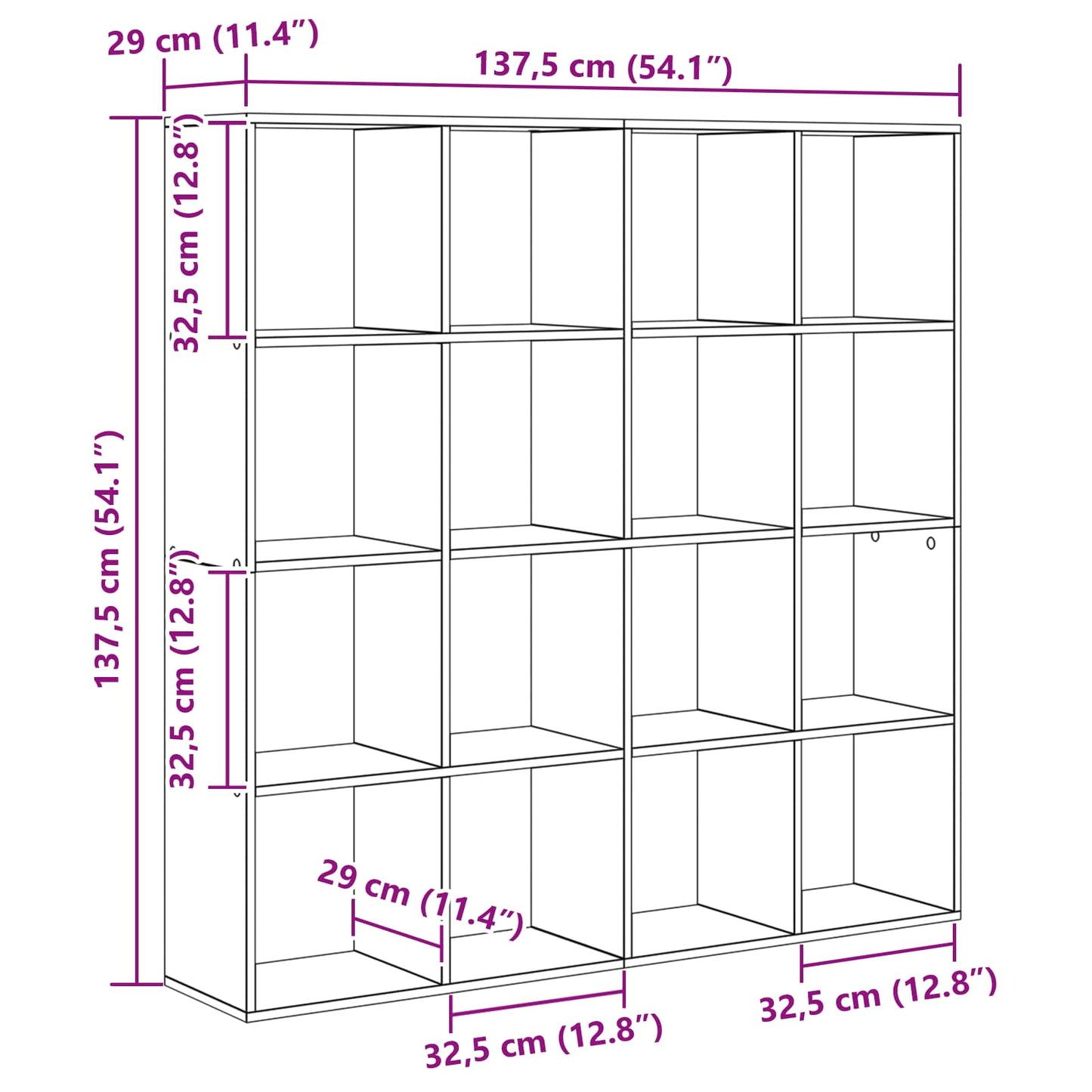 vidaXL Book Cabinet 16-Tier 137.5 x 29 x 137.5 cm Engineered Wood - Black