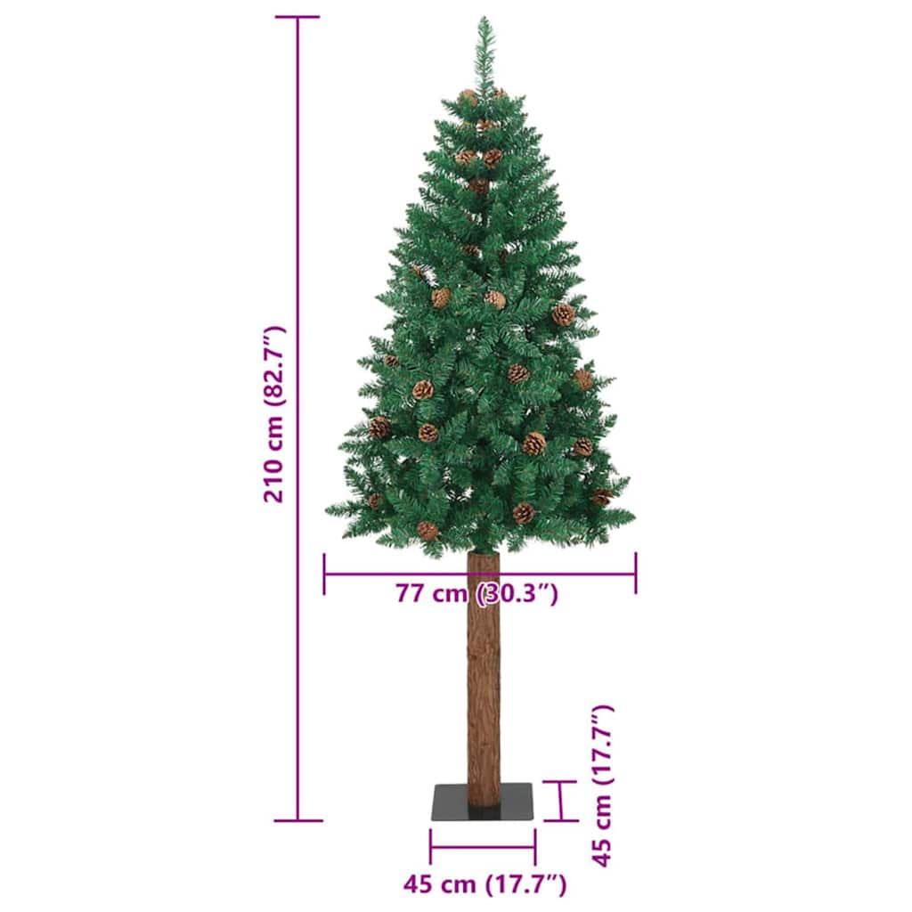 vidaXL Slim Christmas Tree Green 210 cm PVC and Solid Pine wood - 35985
