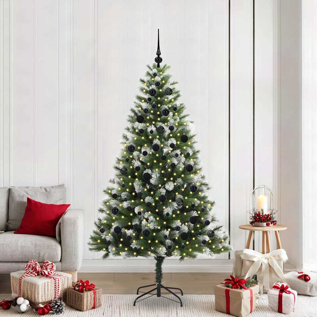 vidaXL Artificial Hinged Christmas Tree with Flocked Snow 300 LEDs - Green - 210 cm