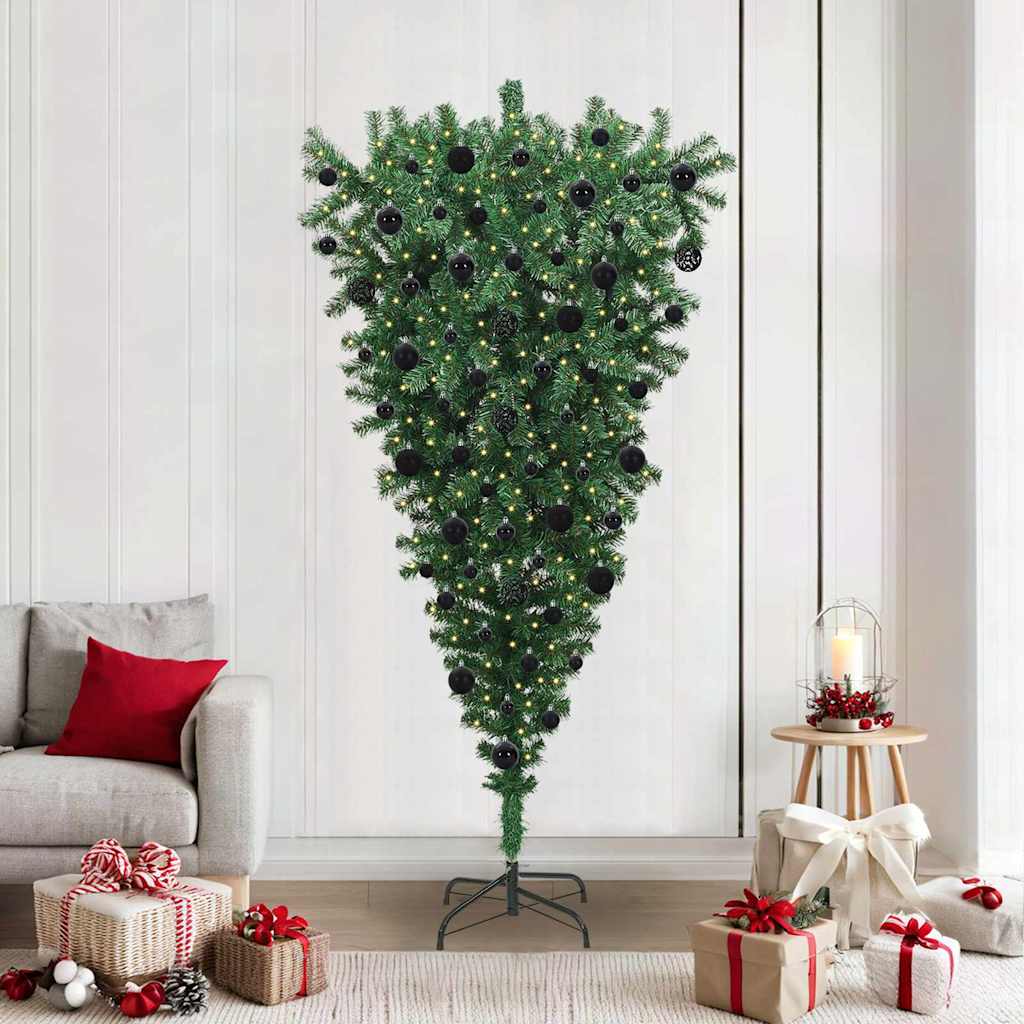 vidaXL Upside-down Artificial Pre-lit Christmas Tree with Ball Set PVC - Green - 210 cm