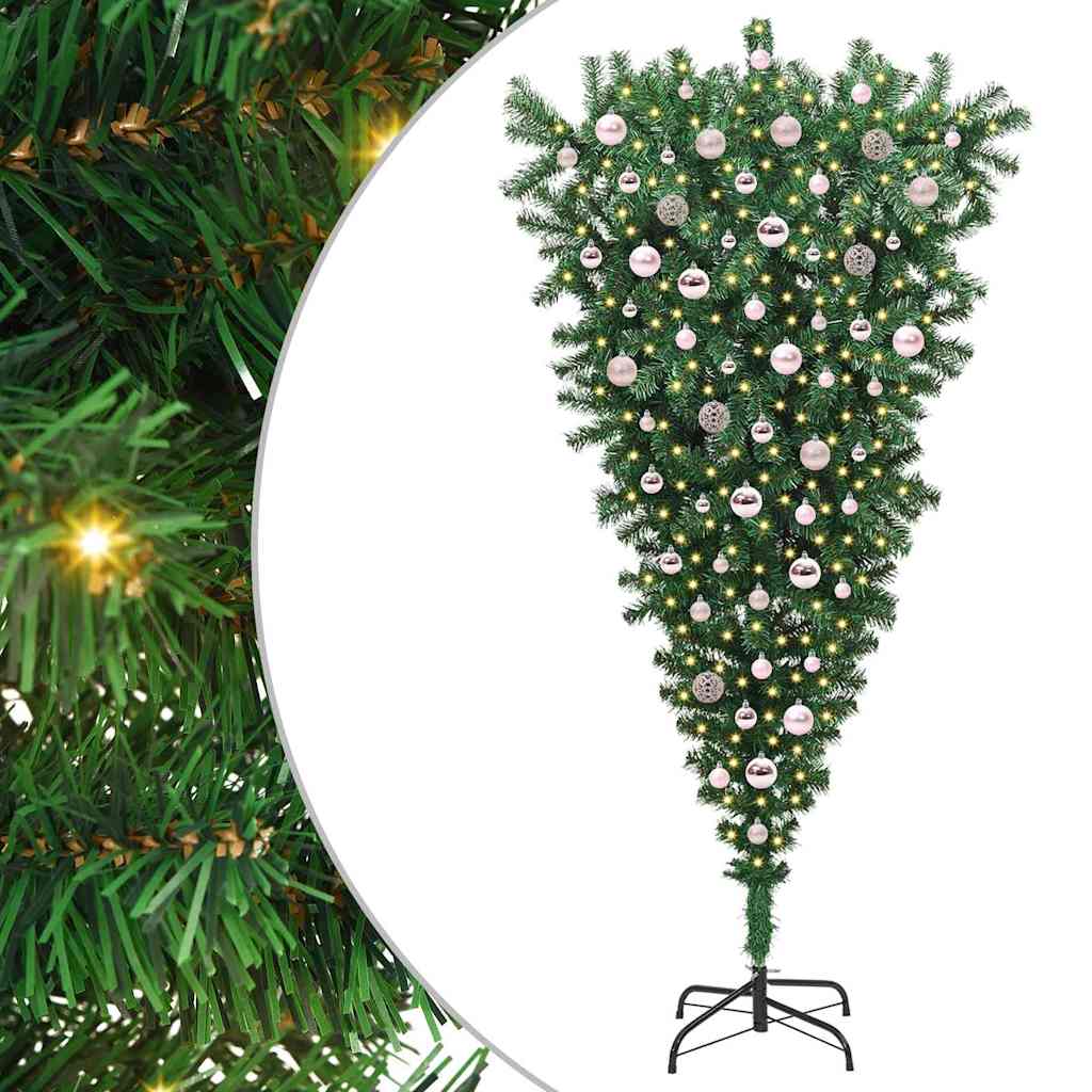 vidaXL Upside-down Artificial Pre-lit Christmas Tree with Ball Set PVC - Green - 210 cm - 50097