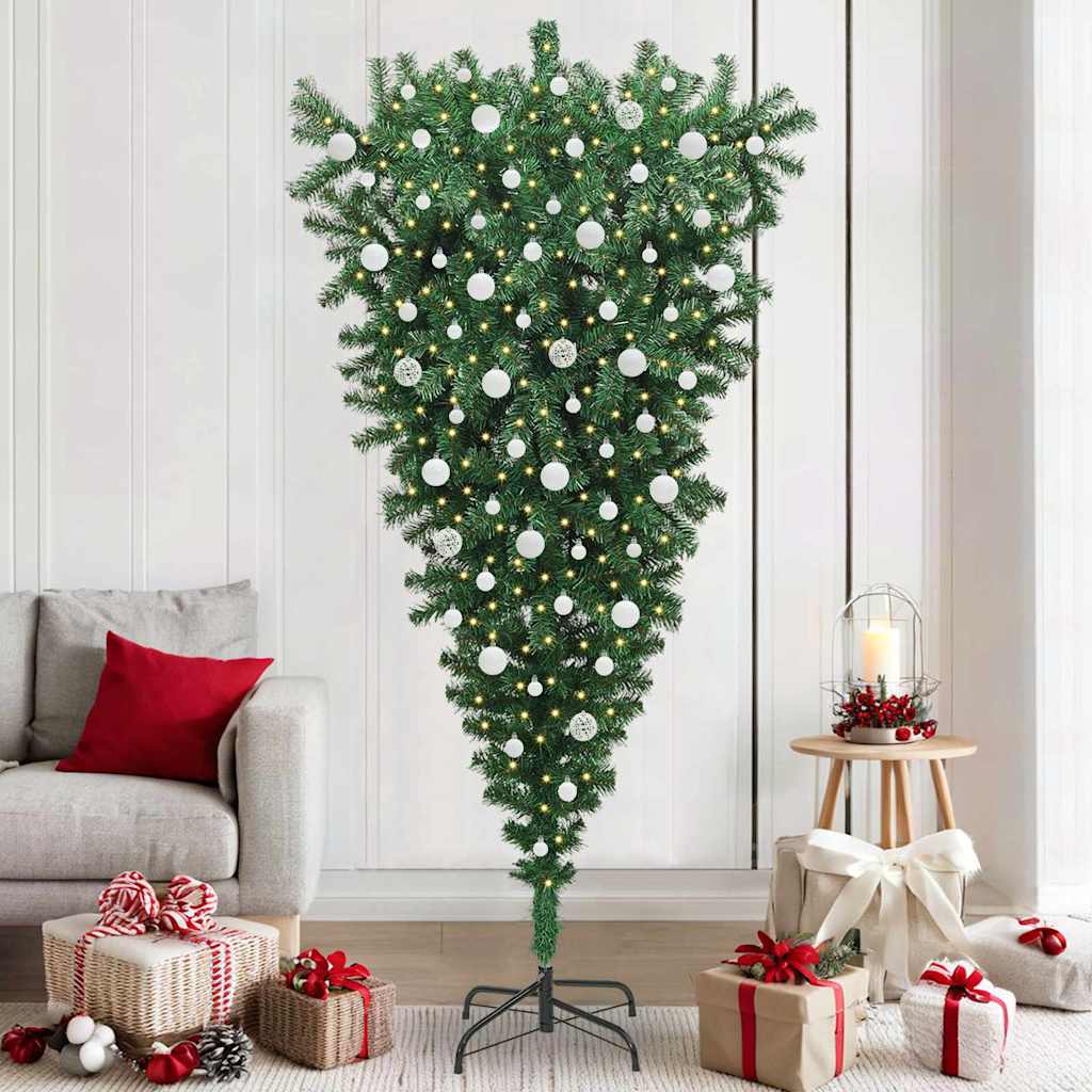 vidaXL Upside-down Artificial Pre-lit Christmas Tree with Ball Set PVC - Green - 210 cm - 50101