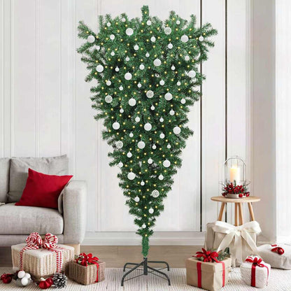 vidaXL Upside-down Artificial Pre-lit Christmas Tree with Ball Set PVC - Green - 210 cm - 50101