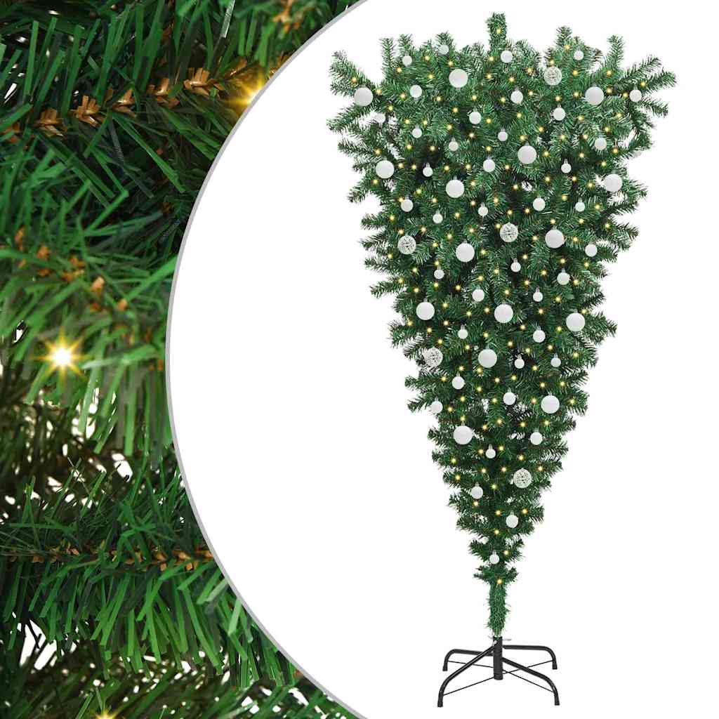 vidaXL Upside-down Artificial Pre-lit Christmas Tree with Ball Set PVC - Green - 210 cm - 50101