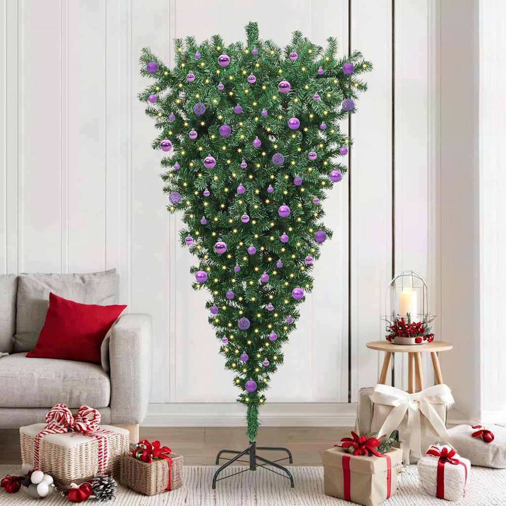 vidaXL Upside-down Artificial Pre-lit Christmas Tree with Ball Set PVC - Green - 210 cm - 50108