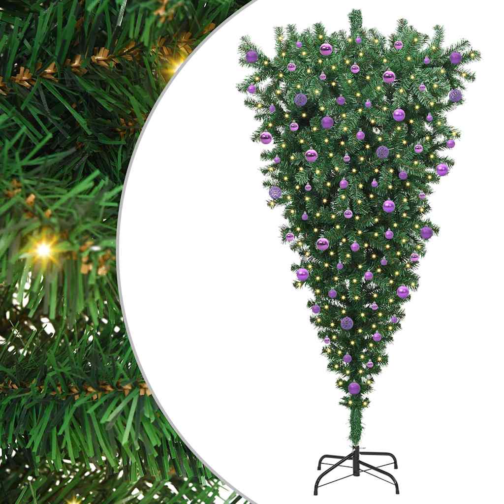 vidaXL Upside-down Artificial Pre-lit Christmas Tree with Ball Set PVC - Green - 210 cm - 50108