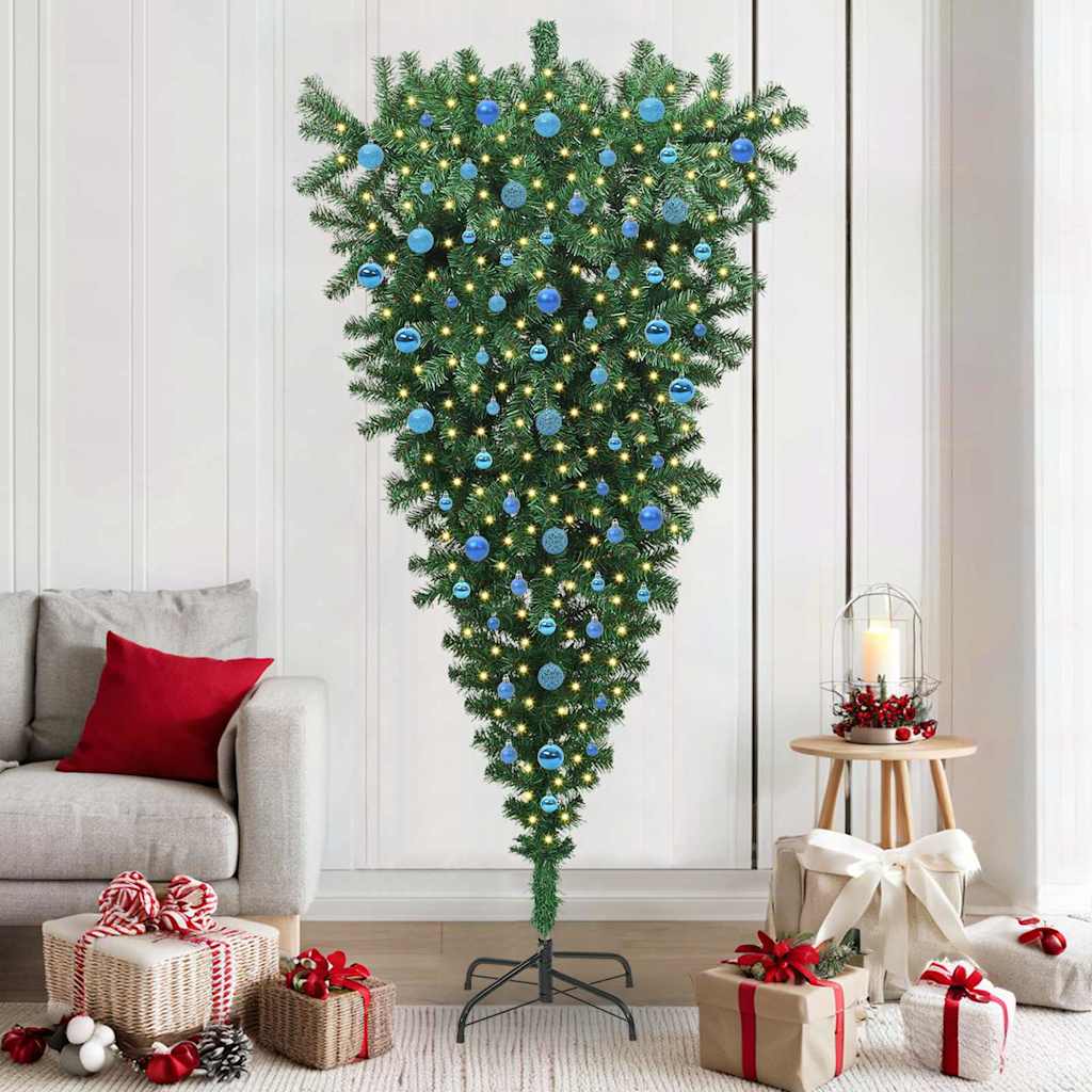 vidaXL Upside-down Artificial Pre-lit Christmas Tree with Ball Set PVC - Green - 210 cm - 50117