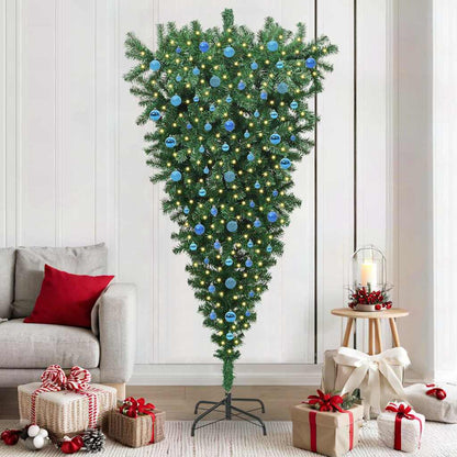 vidaXL Upside-down Artificial Pre-lit Christmas Tree with Ball Set PVC - Green - 210 cm - 50117