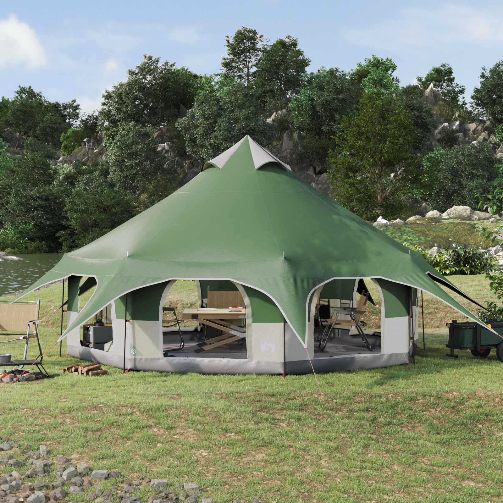 vidaXL Family Tent 10-Person Green 185T Polyester with PU Coating