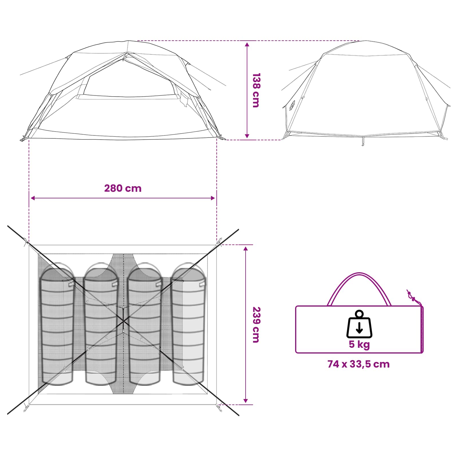 vidaXL Backpacking Tent 4-Person Blue 185T Polyester with PU Coating