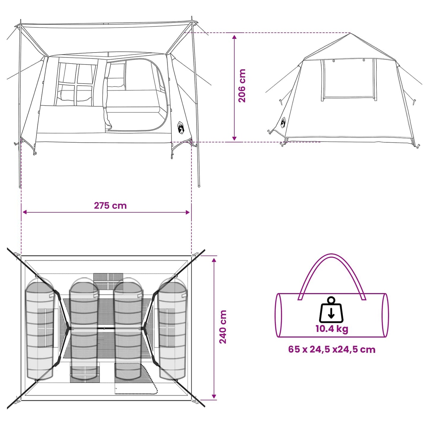 vidaXL Tunnel Tent 275 x 240 x 200 cm Grey and Orange