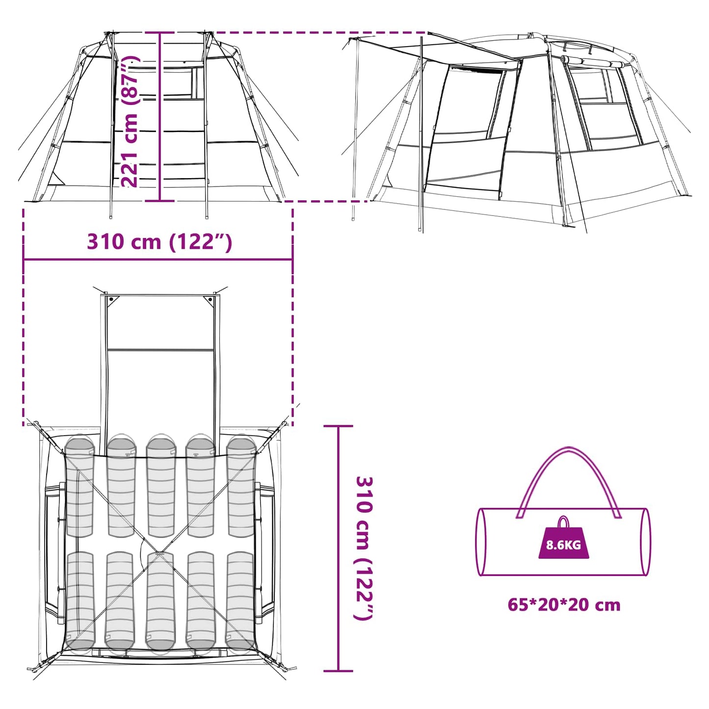 vidaXL Party Tent 10-Person Blue 185T Polyester with PU Coating