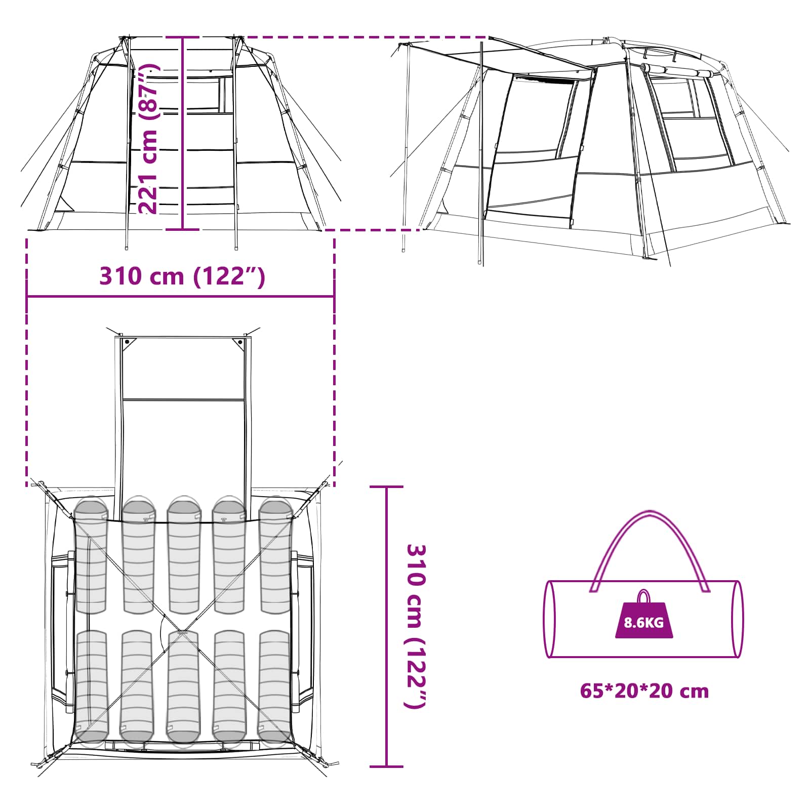 vidaXL Party Tent 10-Person Blue 185T Polyester with PU Coating