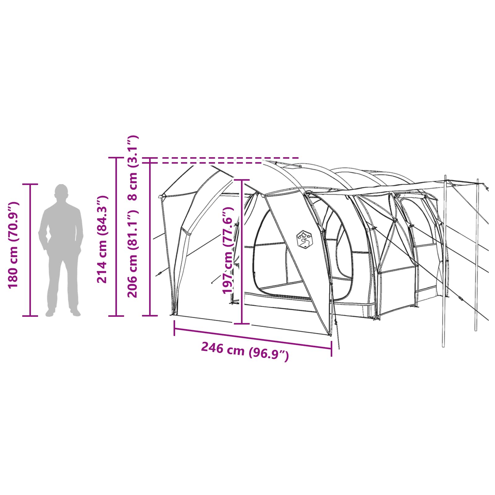 vidaXL Tunnel Tent 4-Person Green 185T Polyester with PU Coating - 382 x 262 x 214 cm