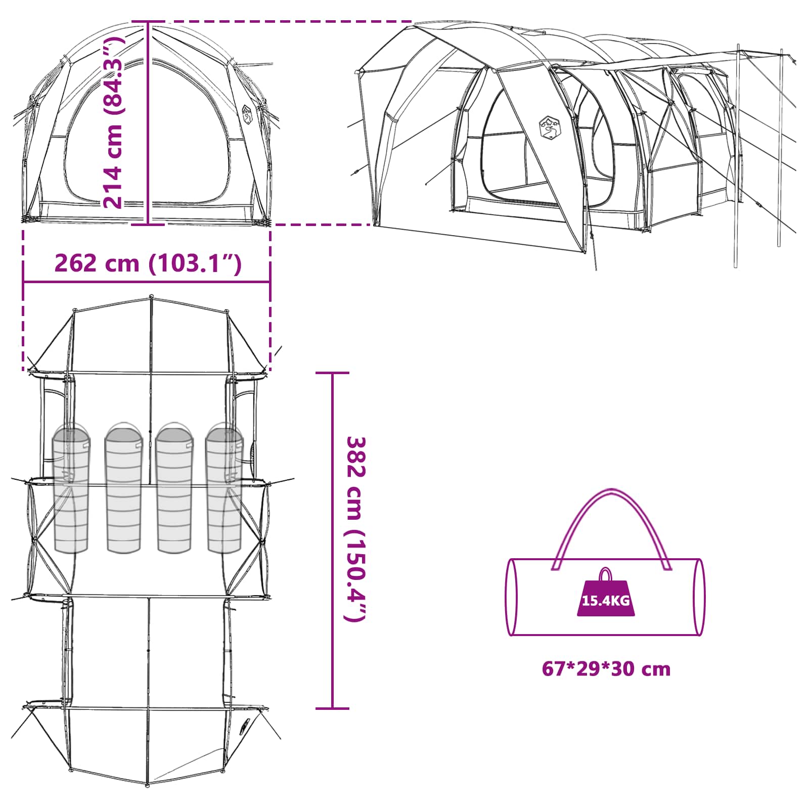 vidaXL Tunnel Tent 4-Person Blue 185T Polyester with PU Coating - 382 x 262 x 214 cm