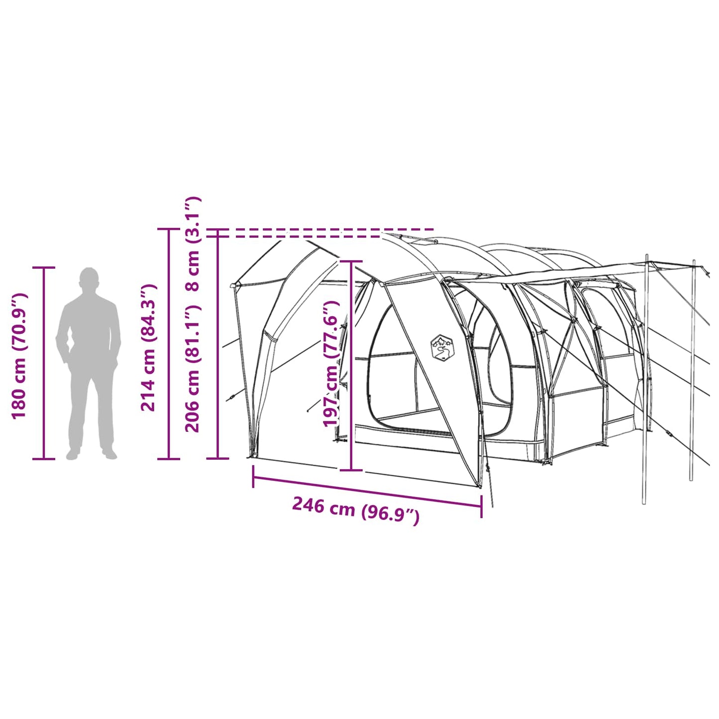 vidaXL Tunnel Tent 4-Person Grey and Orange - 382 x 262 x 214 cm