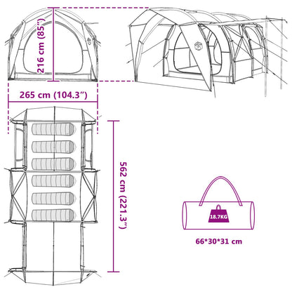vidaXL Tunnel Tent 6-Person Green 185T Polyester with PU Coating - 562 x 265 x 216 cm