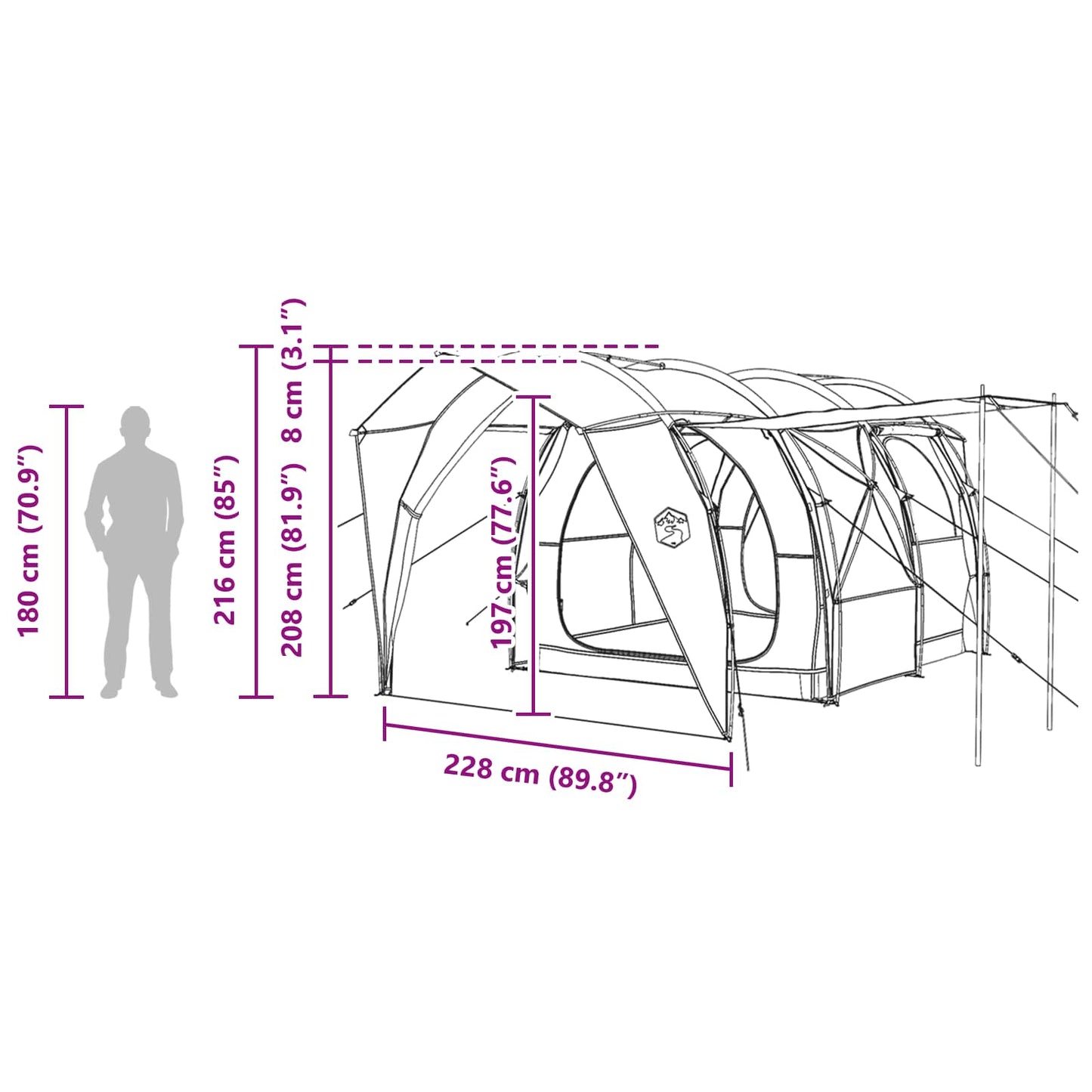 vidaXL Tunnel Tent 6-Person Grey and Orange - 562 x 265 x 216 cm