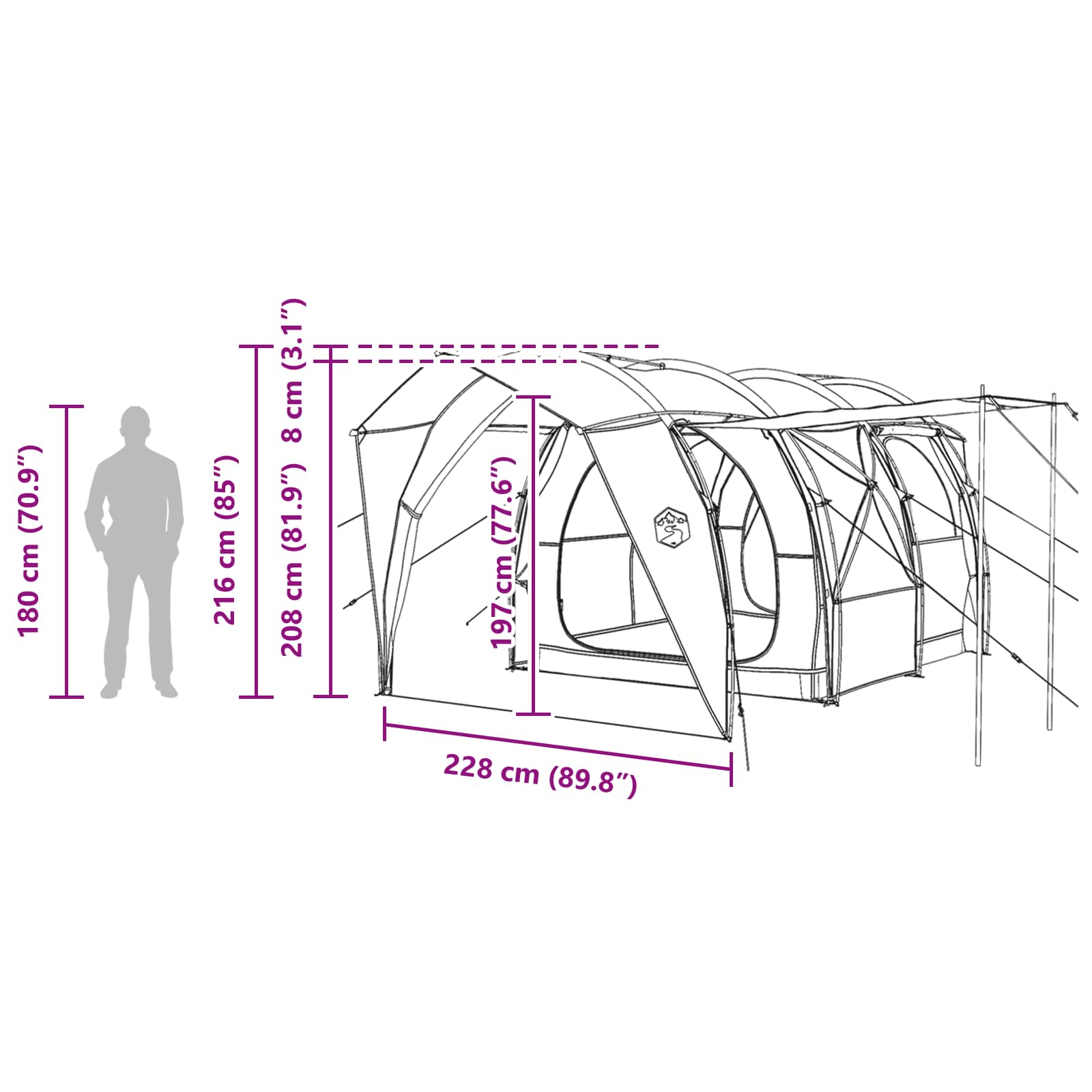 vidaXL Tunnel Tent 6-Person Grey and Orange - 562 x 265 x 216 cm