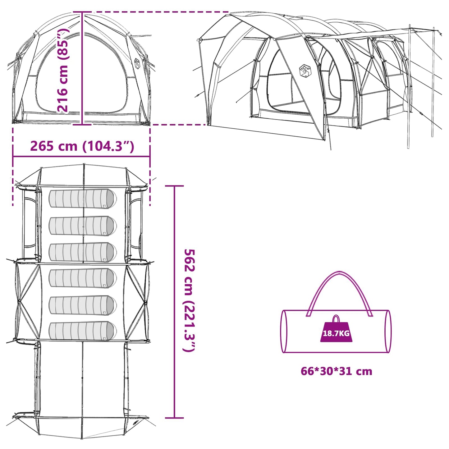 vidaXL Tunnel Tent 6-Person Grey and Orange - 562 x 265 x 216 cm