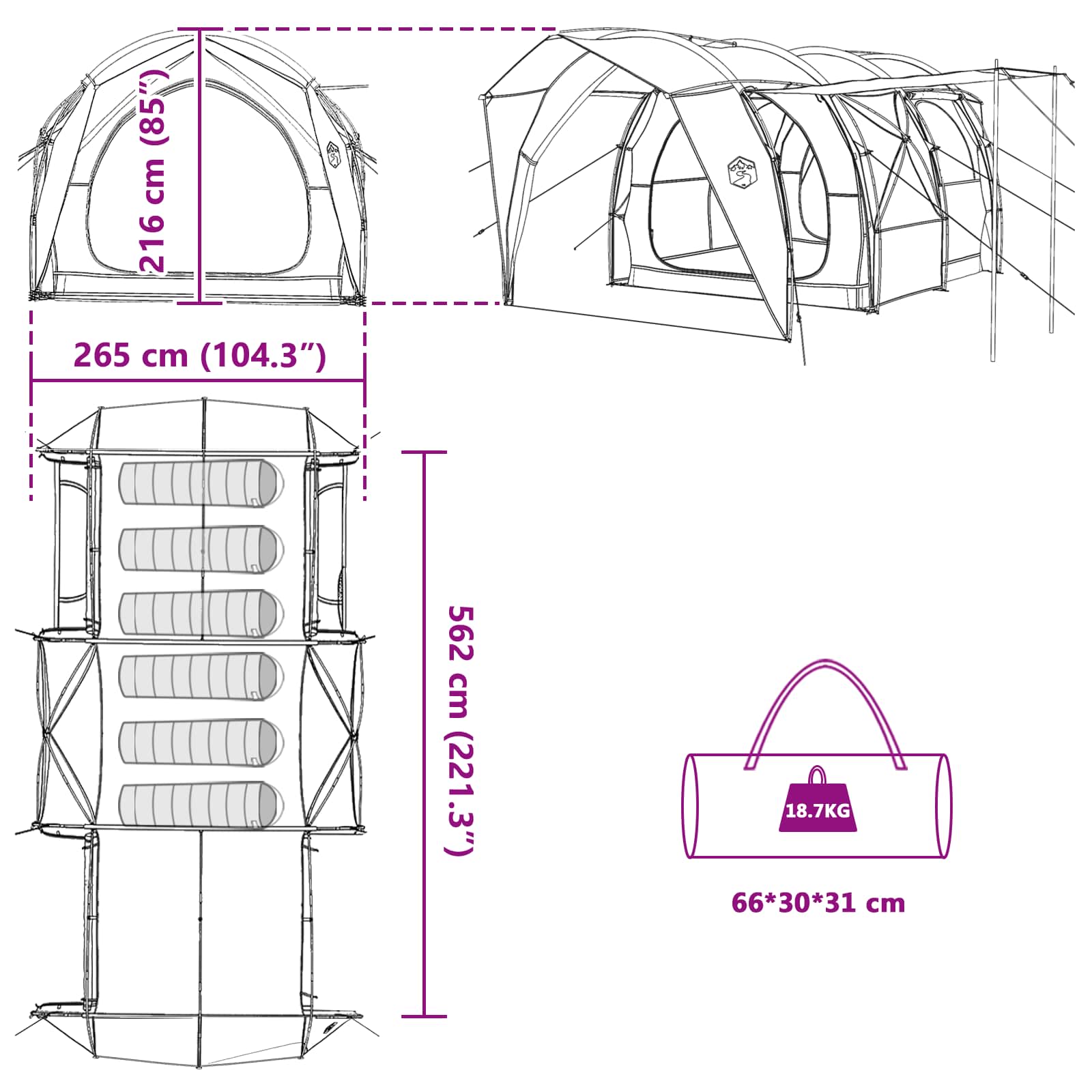 vidaXL Tunnel Tent 6-Person Grey and Orange - 562 x 265 x 216 cm