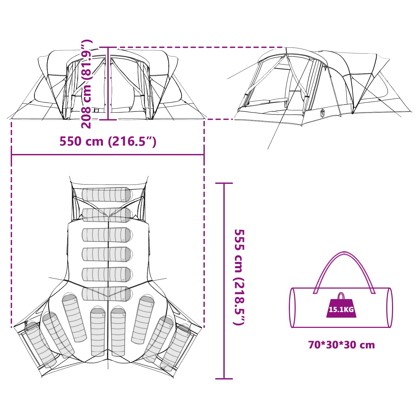 vidaXL Family Tent 14-Person Green 185T Polyester with PU Coating - 550 x 555 x 208 cm