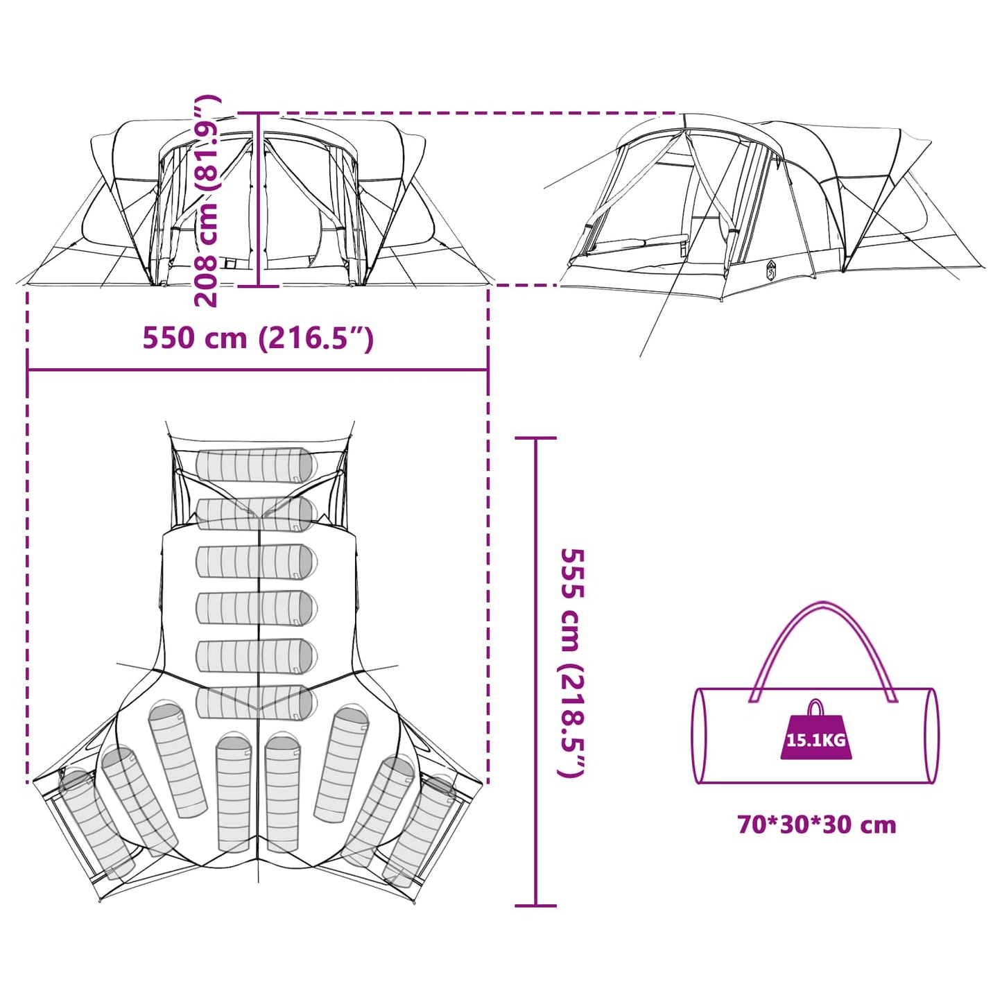 vidaXL Family Tent 14-Person Blue 185T Polyester with PU Coating - 550 x 555 x 208 cm