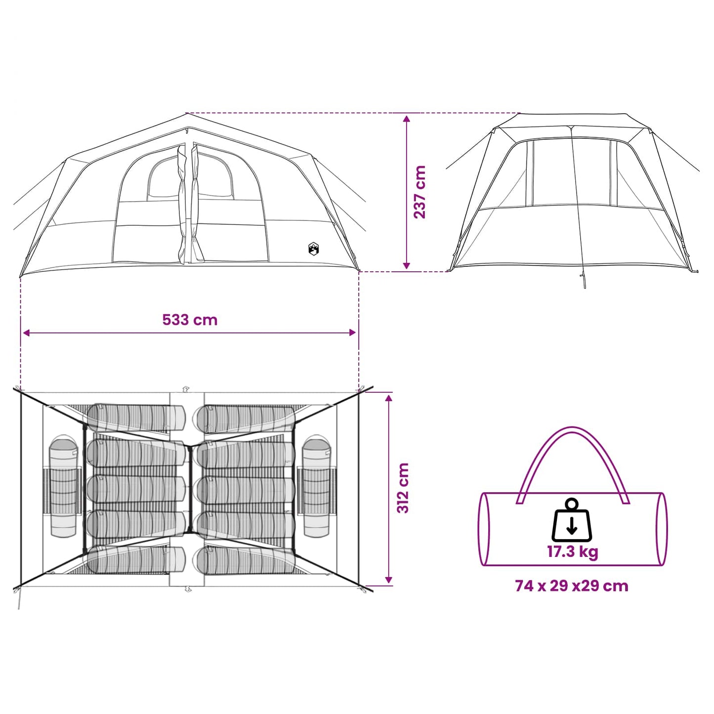 vidaXL Family Tent 533 x 312 x 230 cm Green