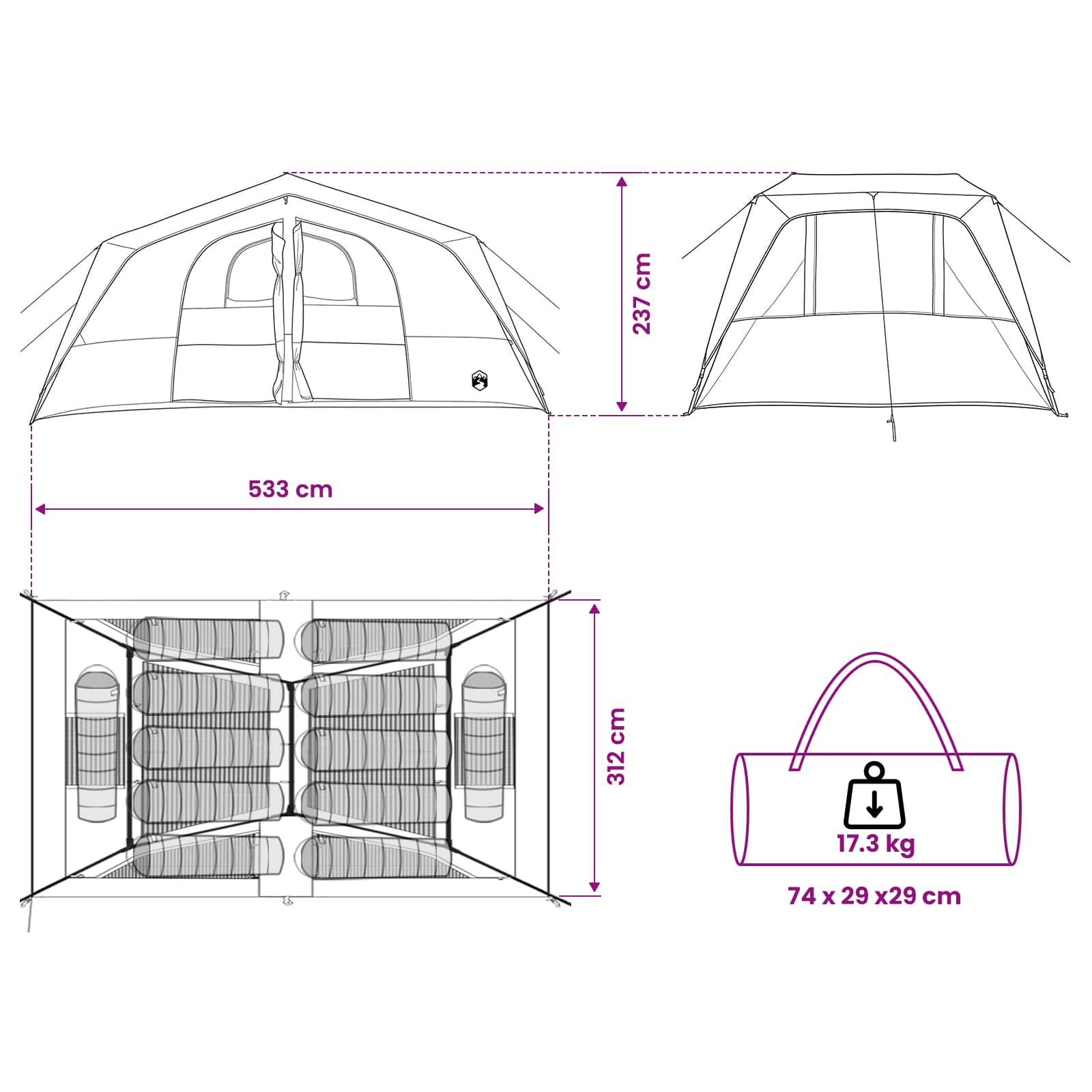 vidaXL Family Tent 533 x 312 x 230 cm Blue