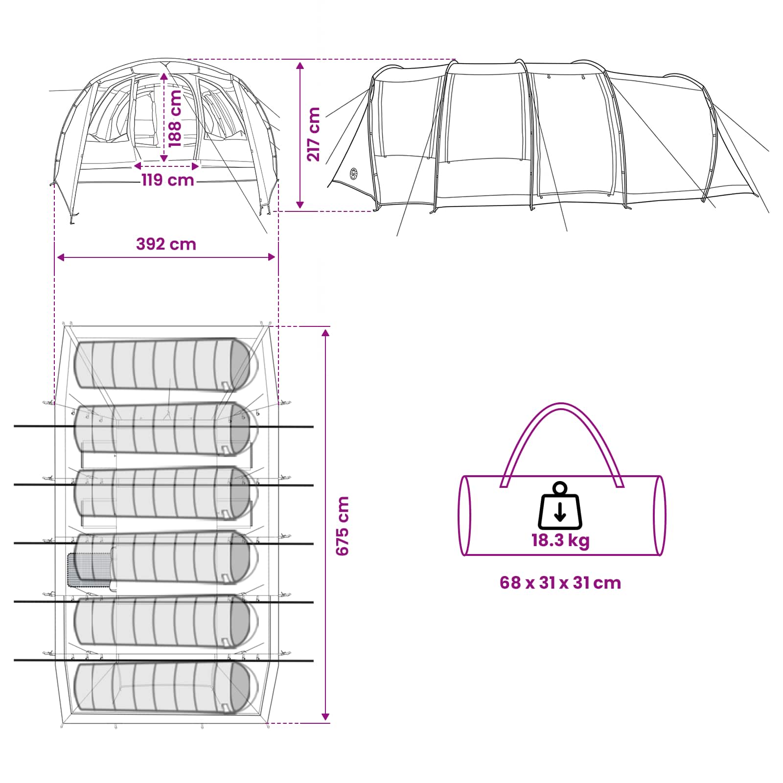 vidaXL Tunnel Tent 675 x 392 x 210 cm Green