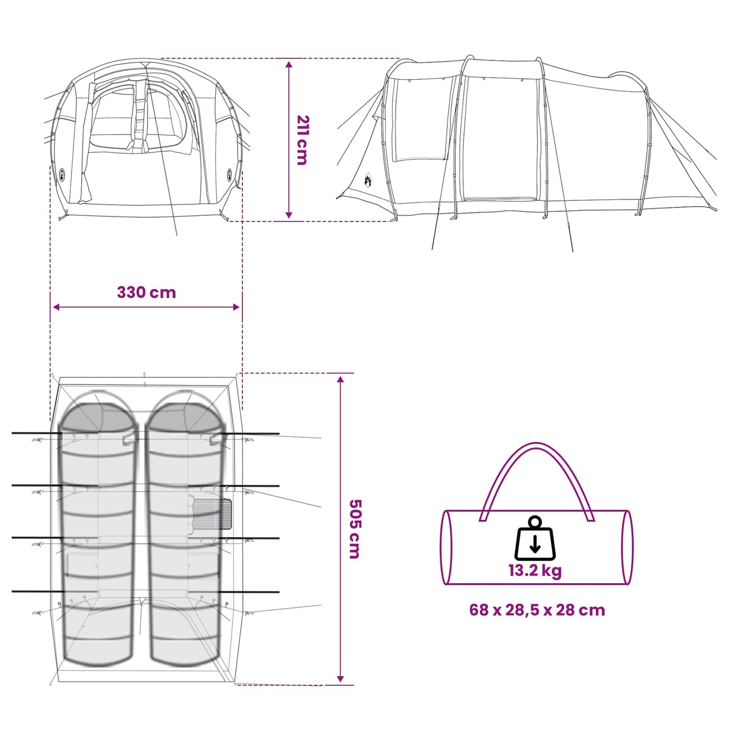 vidaXL Tunnel Tent 505 x 330 x 204 cm Blue