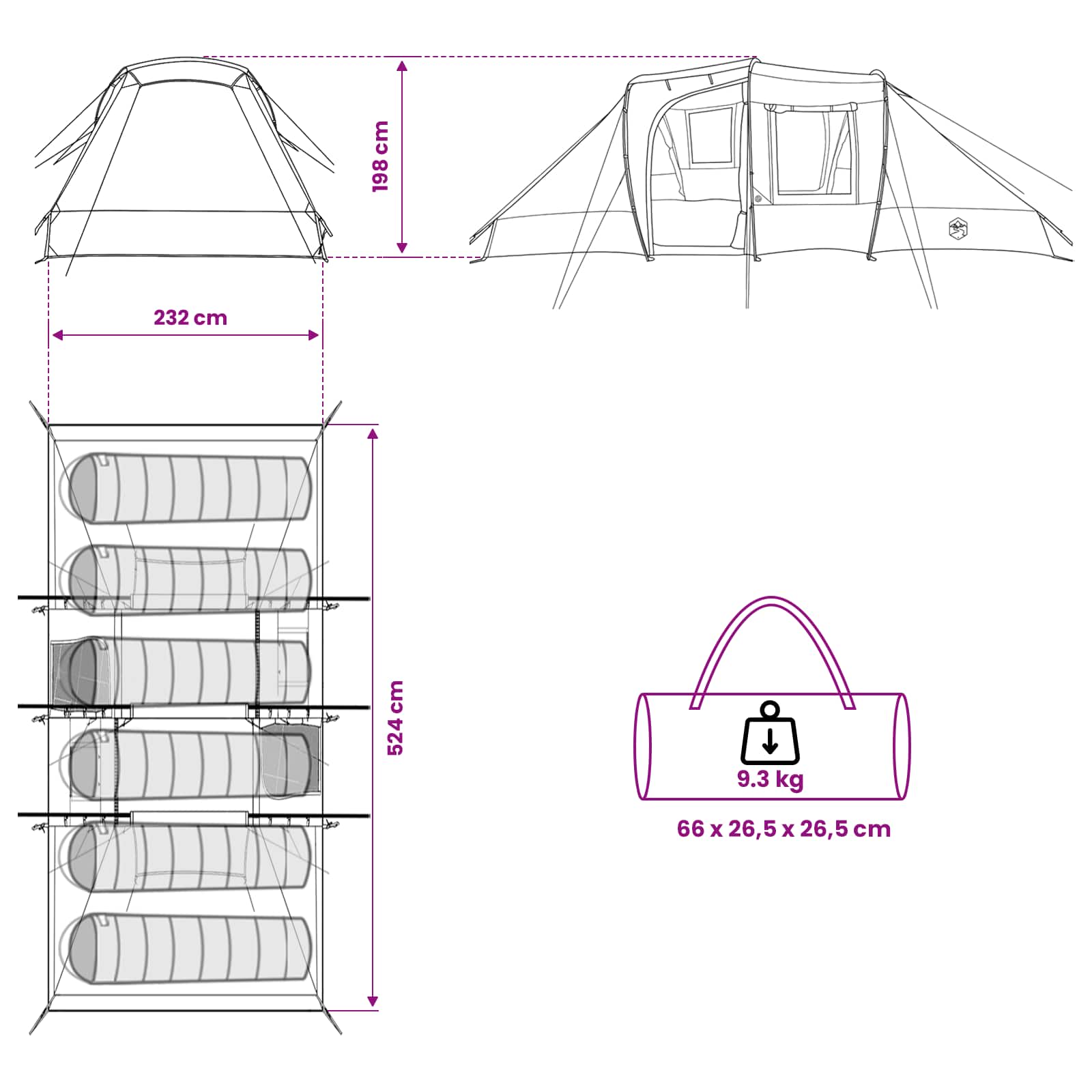 vidaXL Instant Tent 524 x 232 x 192 cm Blue