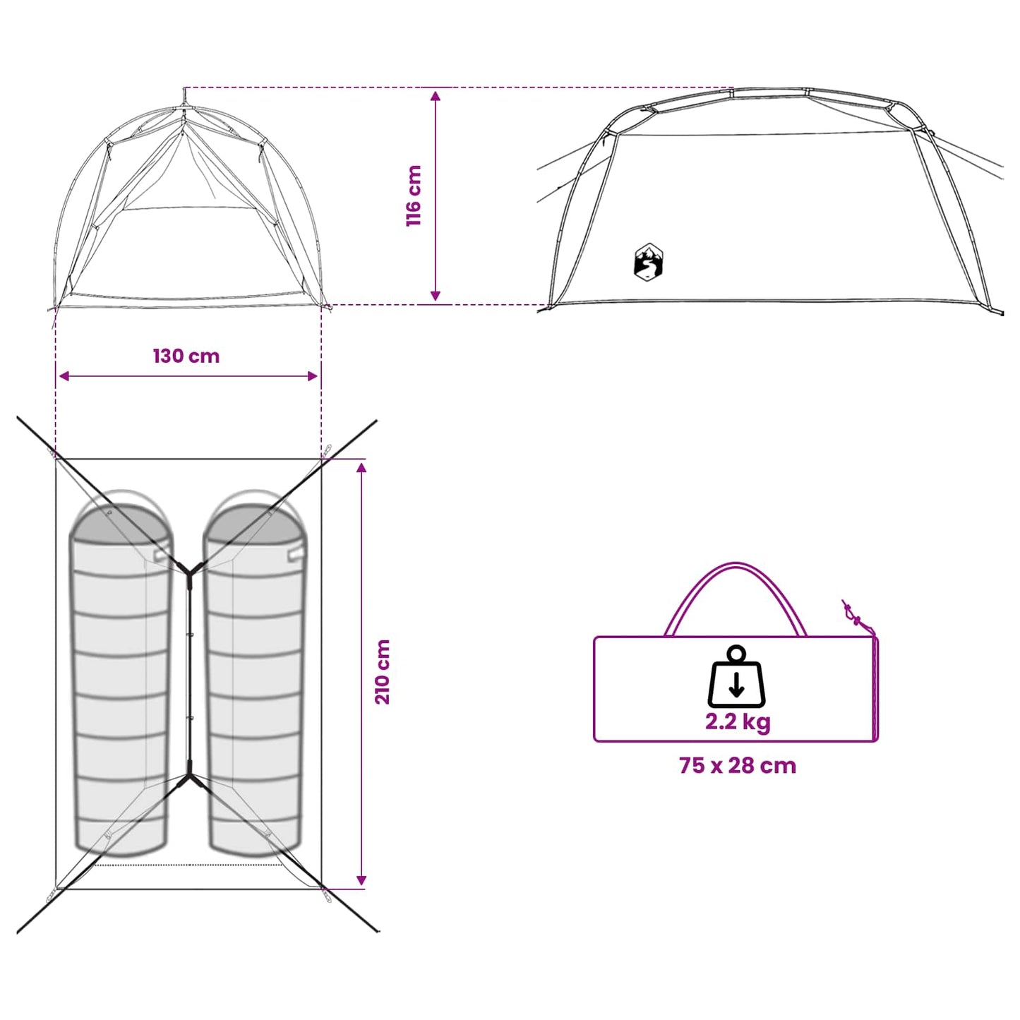 vidaXL Tunnel Tent 2-Person Green 185T Polyester with PU Coating