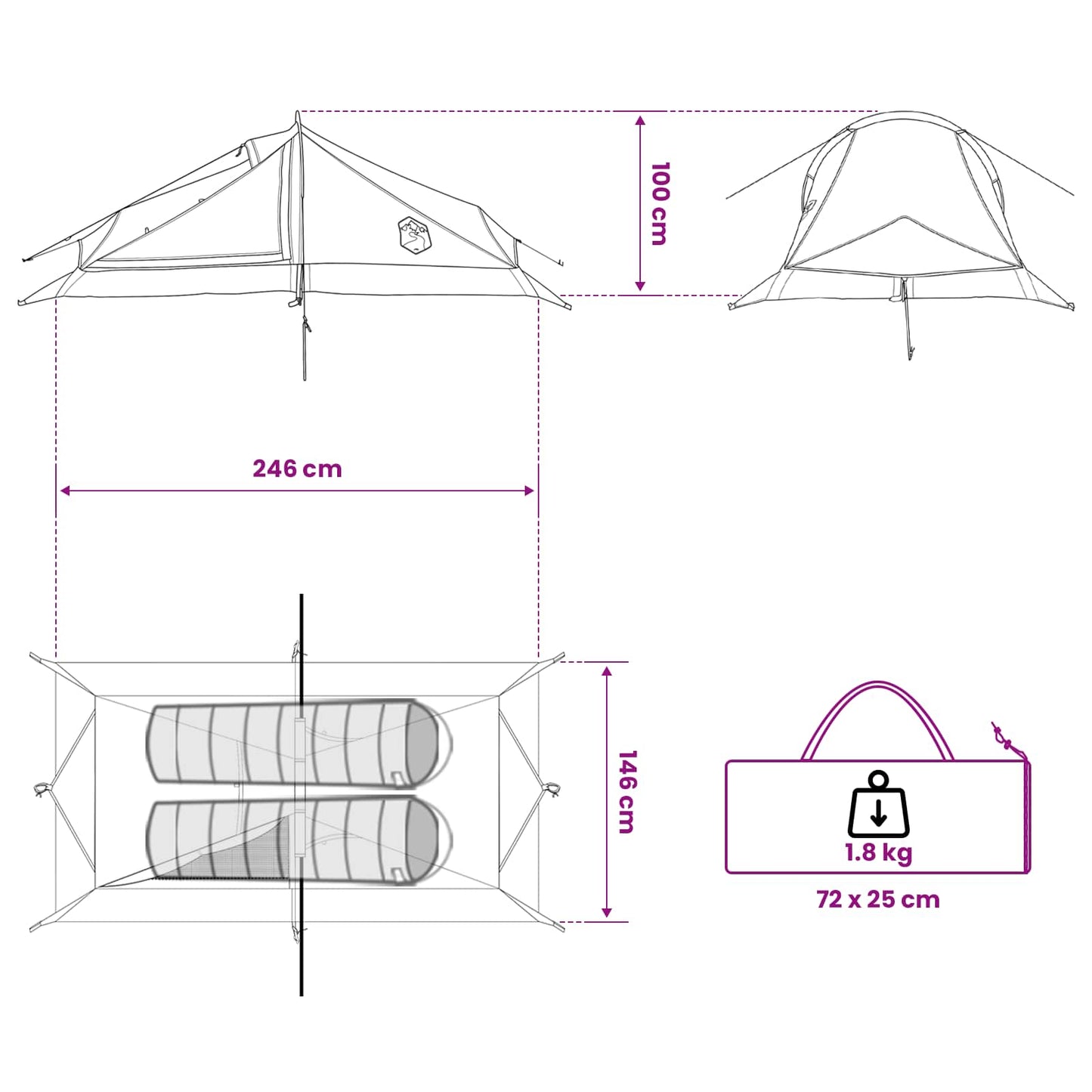 vidaXL Backpacking Tent 2-Person Green 185T Polyester with PU Coating - 40353