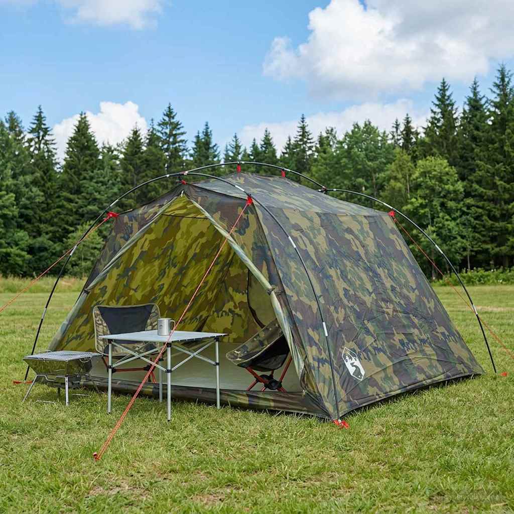 vidaXL Tunnel Tent 4-Person Camouflage 185T Polyester with PU Coating - Green