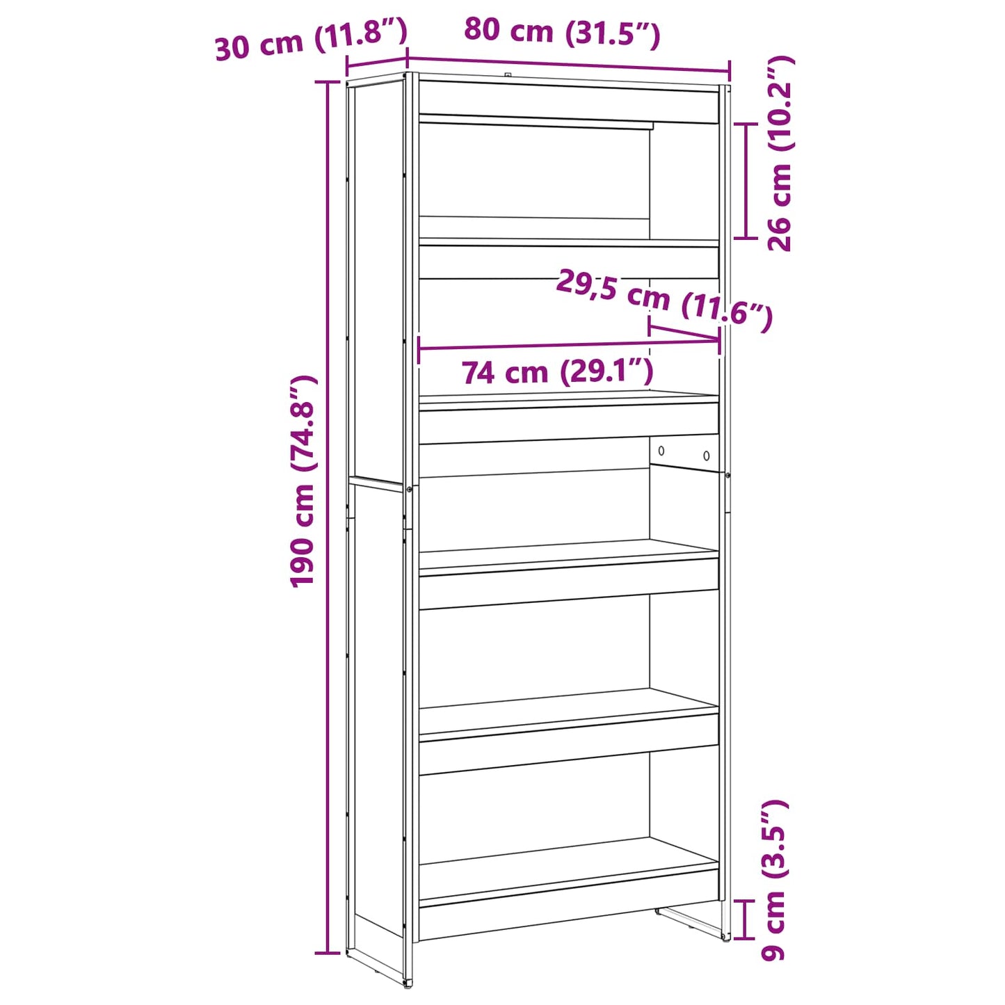 vidaXL Book Cabinet 80 x 30 x 189.5 cm Engineered Wood Sonoma - Brown