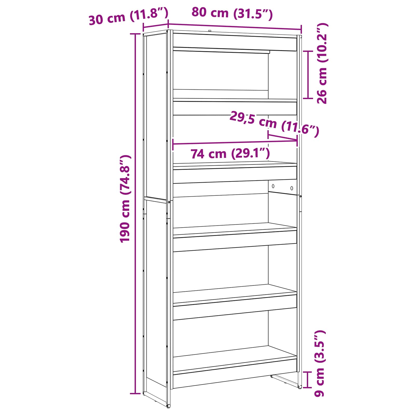 vidaXL Book Cabinet 80 x 30 x 189.5 cm Engineered Wood Sonoma - Brown