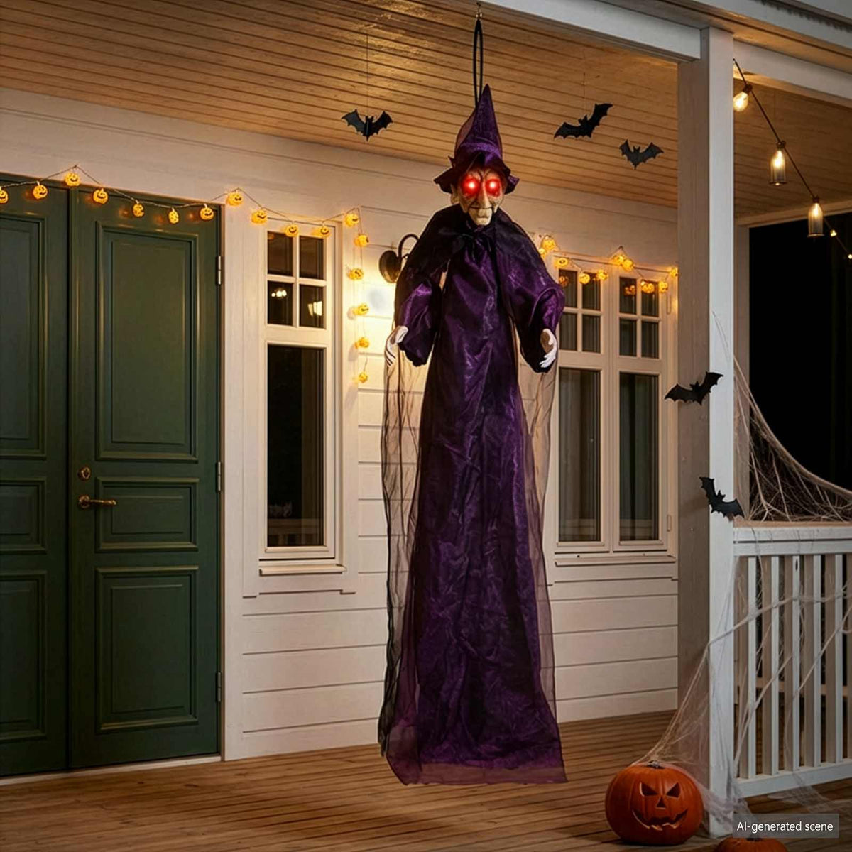 vidaXL Hanging Halloween Talking Witch Purple 216 x 125 cm Polyester