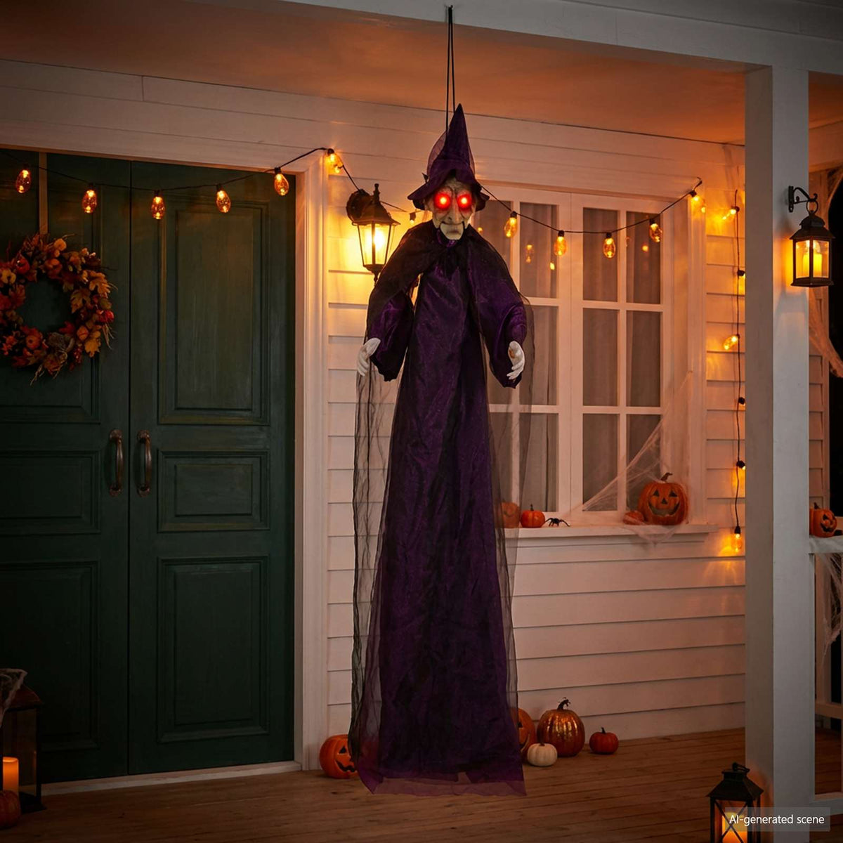 vidaXL Hanging Halloween Talking Witch Purple 216 x 125 cm Polyester