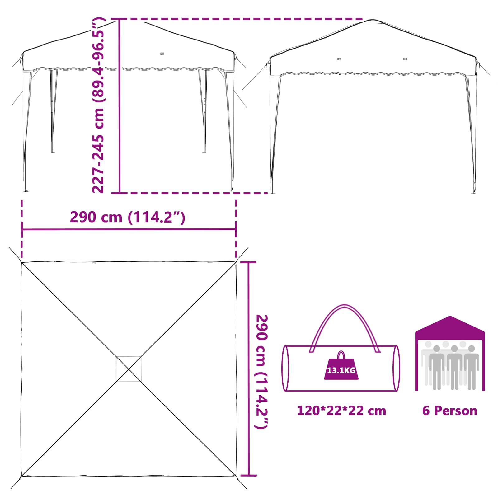 vidaXL Pop-up Party Tent 288 x 288 x 245 cm Anthracite Oxford Fabric