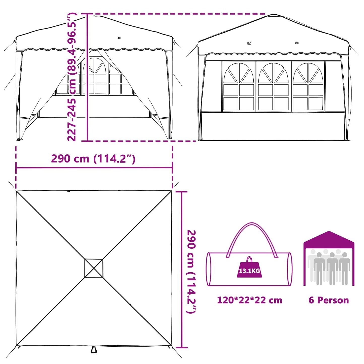 vidaXL Pop-up Party Tent 288 x 288 x 245 cm Cream Oxford Fabric - 12761