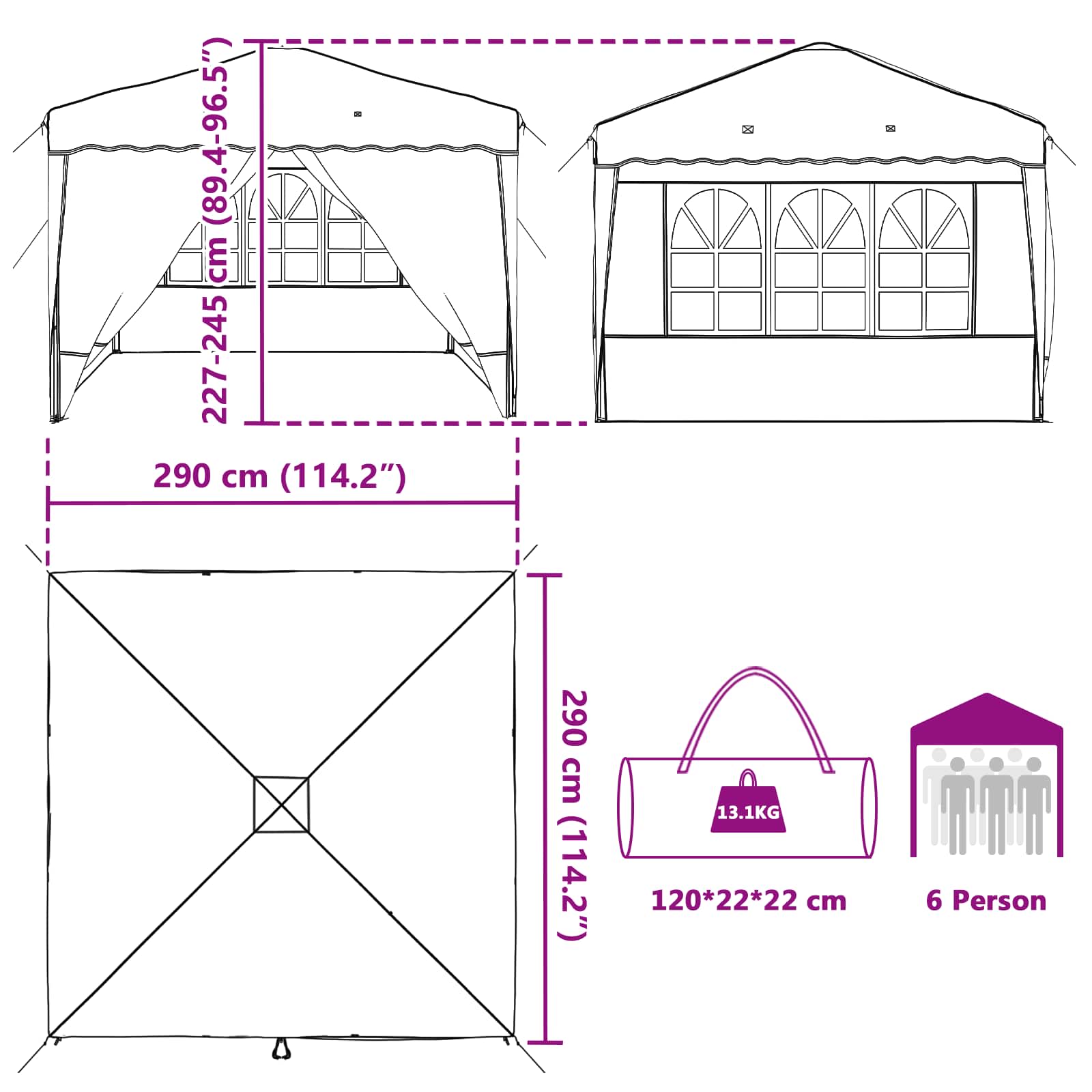 vidaXL Pop-up Party Tent 288 x 288 x 245 cm Burgundy Oxford Fabric - 12810