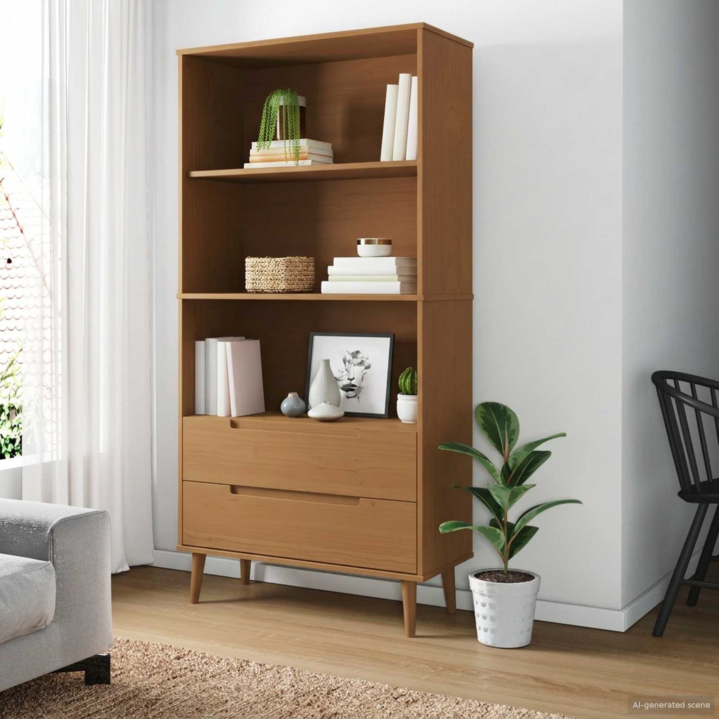 vidaXL Bookcase MOLDE 85 x 35 x 170.5 cm Solid Pine Wood Caramel - Brown