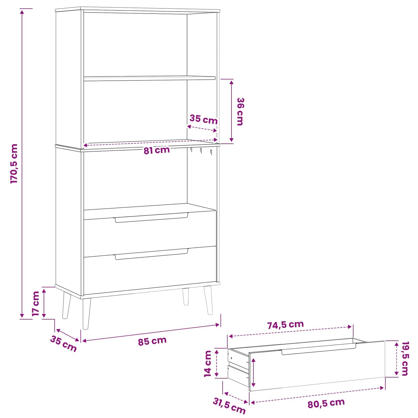 vidaXL Bookcase MOLDE 85 x 35 x 170.5 cm Solid Pine Wood Caramel - Brown