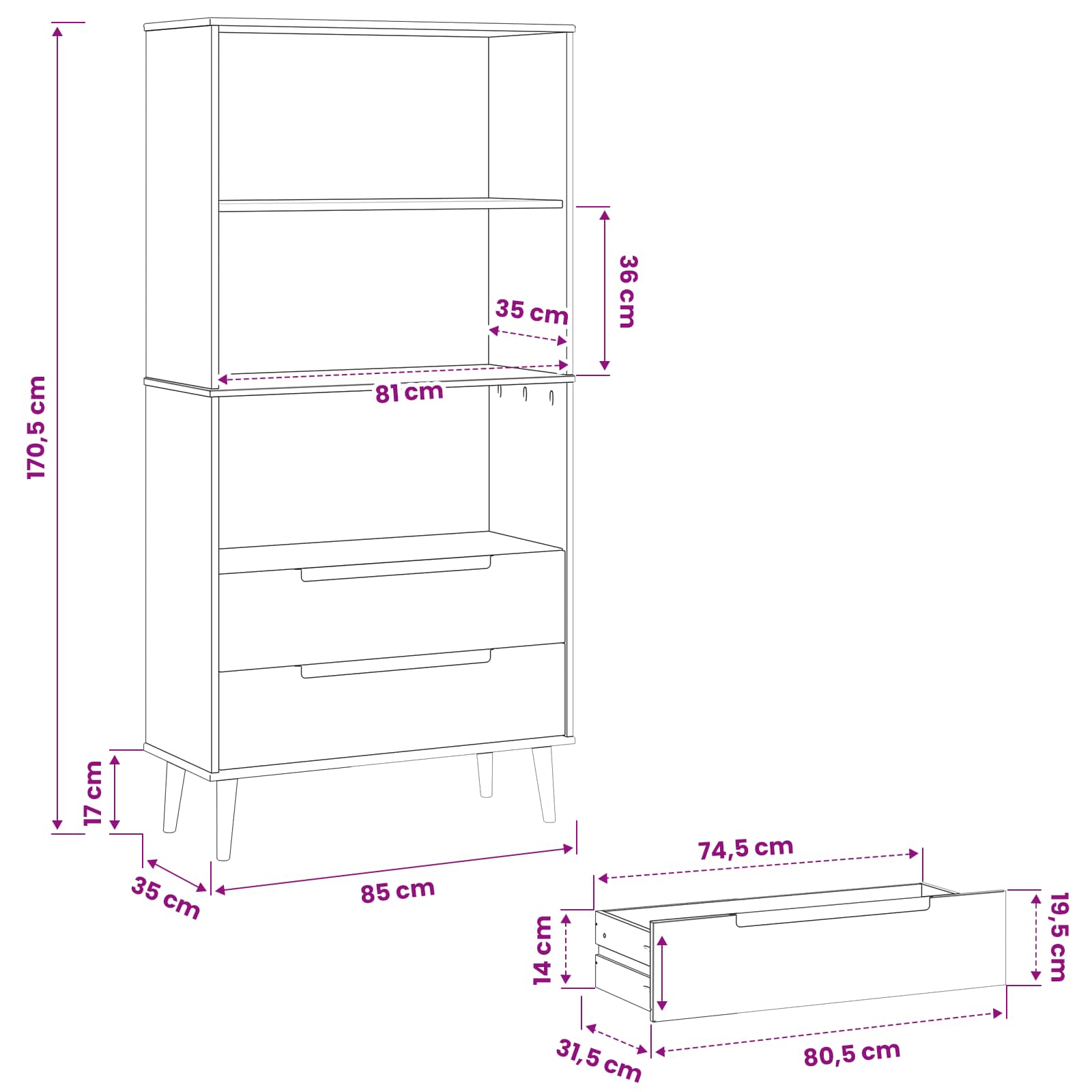 vidaXL Bookcase MOLDE 85 x 35 x 170.5 cm Solid Pine Wood Caramel - Brown