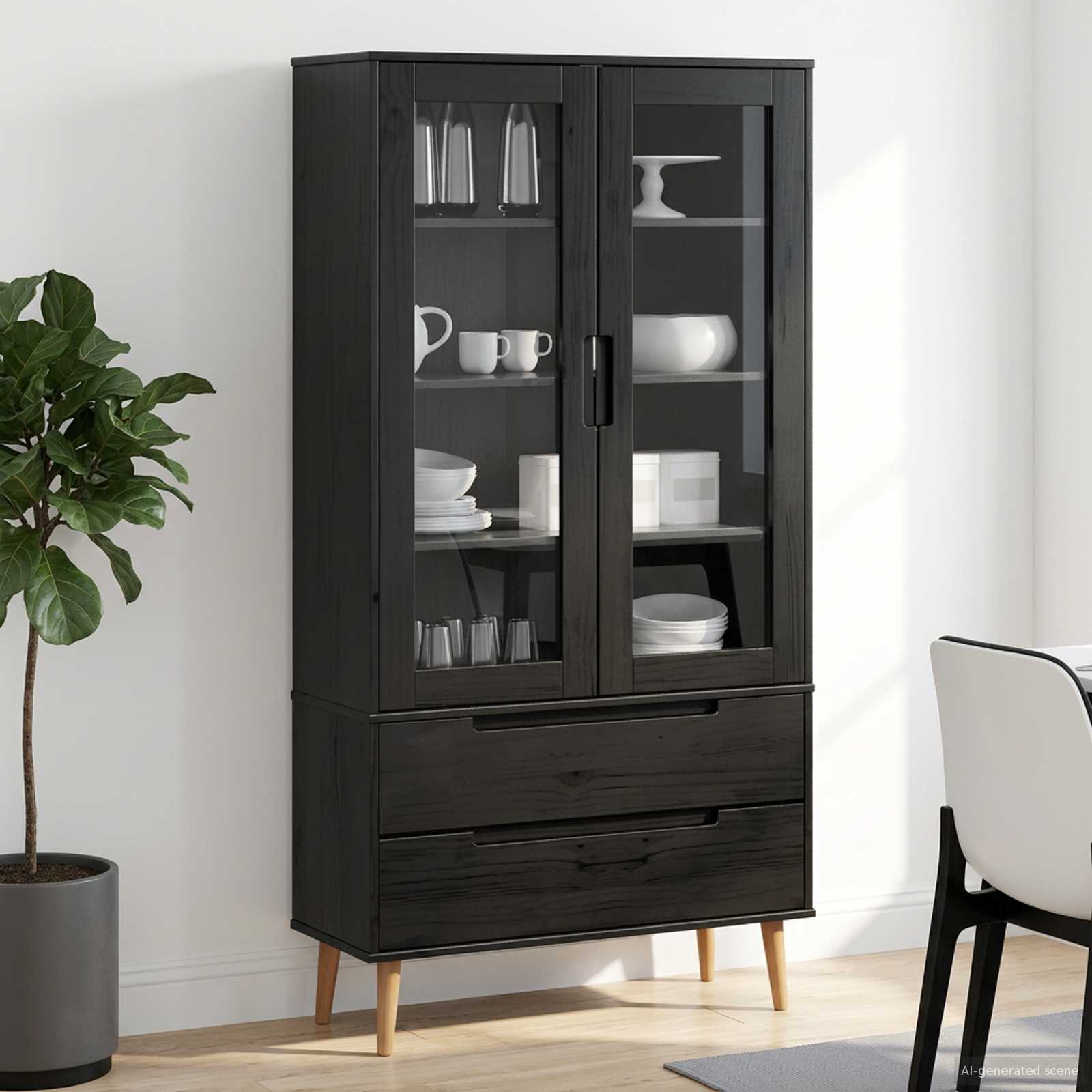 vidaXL Glass Display Cabinet MOLDE 90 x 35 x 175 cm Solid Pine Wood - Black