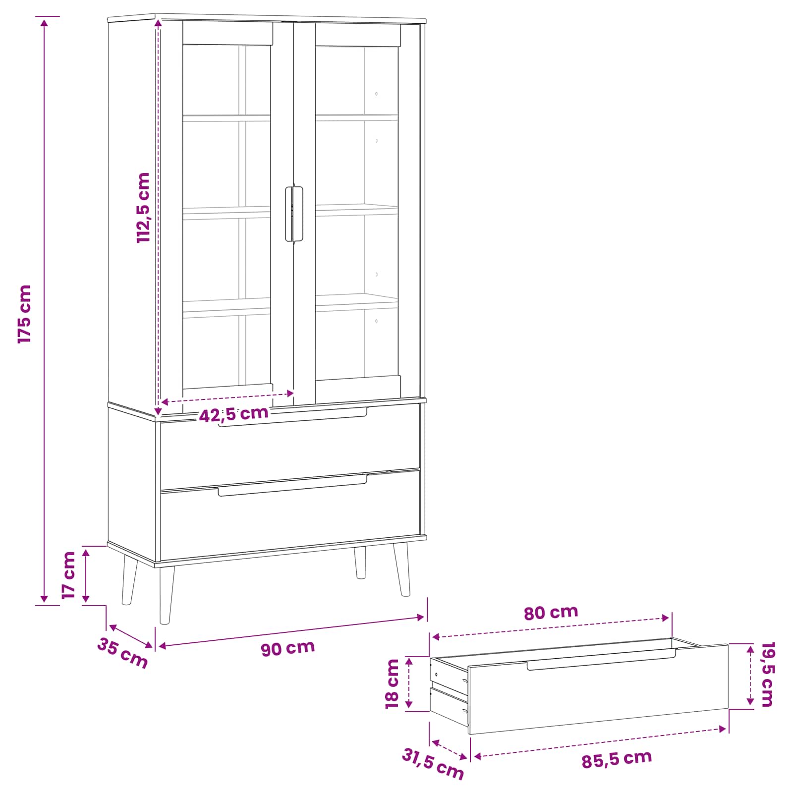 vidaXL Glass Display Cabinet MOLDE 90 x 35 x 175 cm Solid Pine Wood - Black